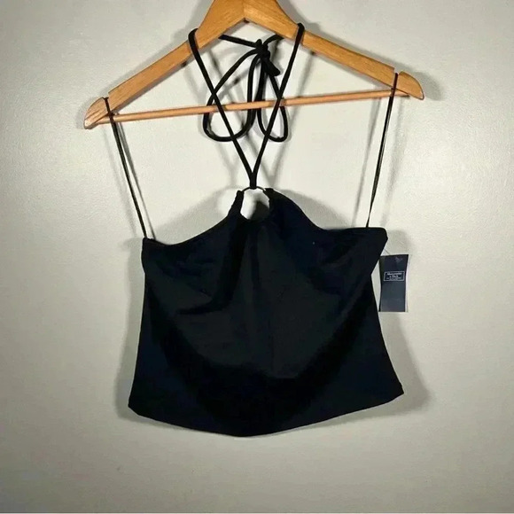 NWT Abercrombie & Fitch black cropped O-ring tie neck halter top XL - Picture 2 of 5